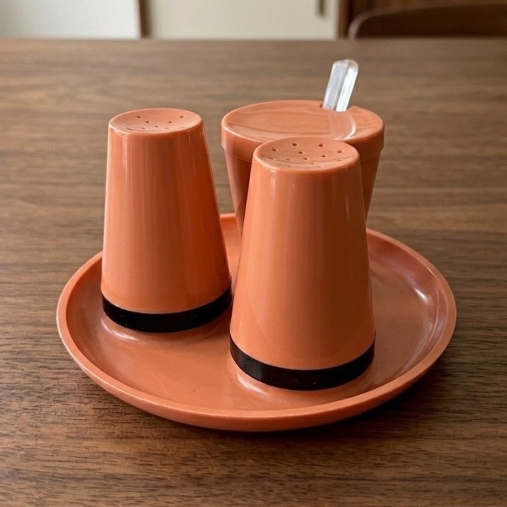 Retro Coral Pink Plastic Condiment Caddy Salt Pepper Relish Jam Set 1970s